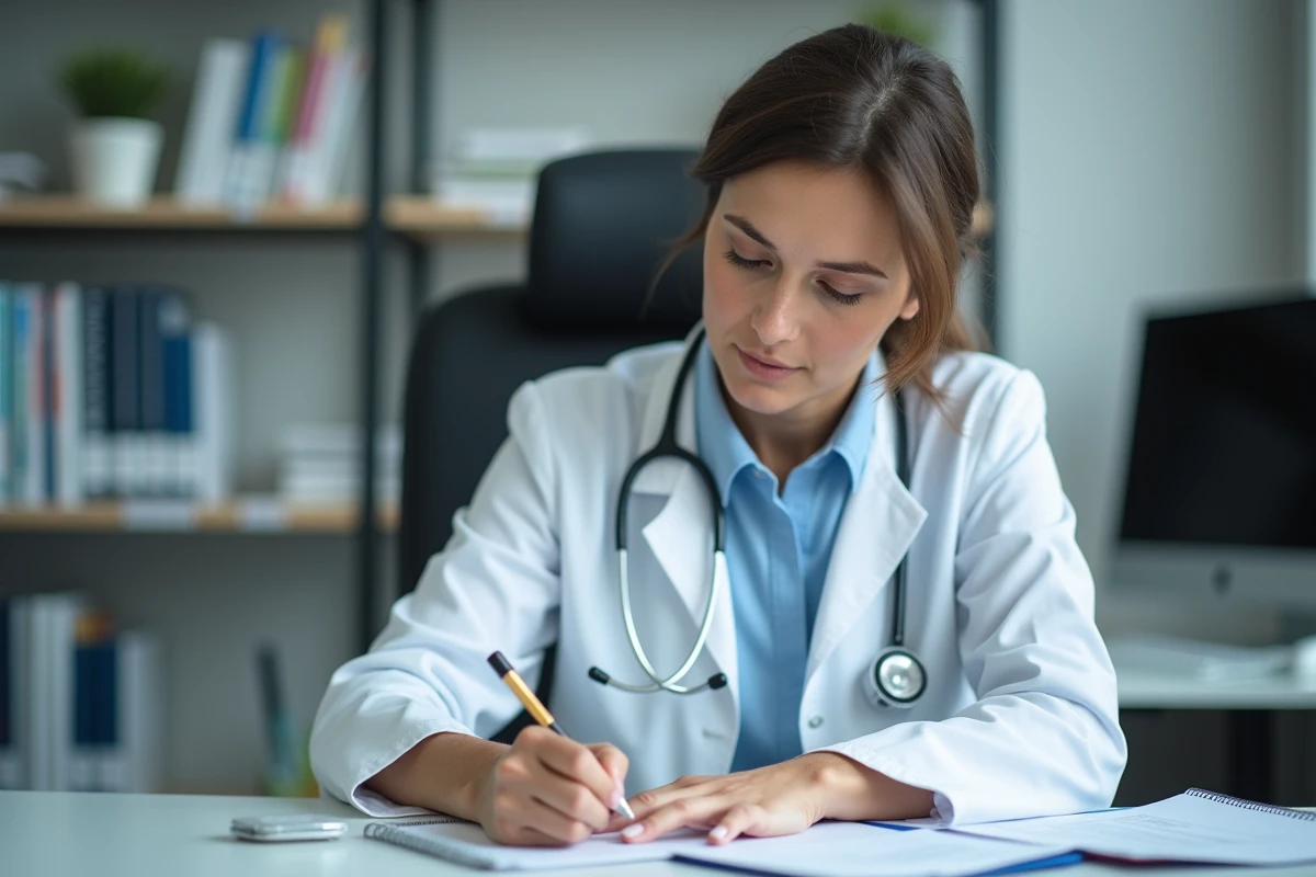 Medecin femme en blouse blanche prenant des notes