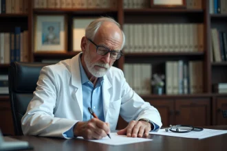 Médecin retraité en blouse blanche rédigeant une ordonnance médicale manuscrite à son bureau de consultation