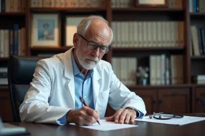 Médecin retraité en blouse blanche rédigeant une ordonnance médicale manuscrite à son bureau de consultation