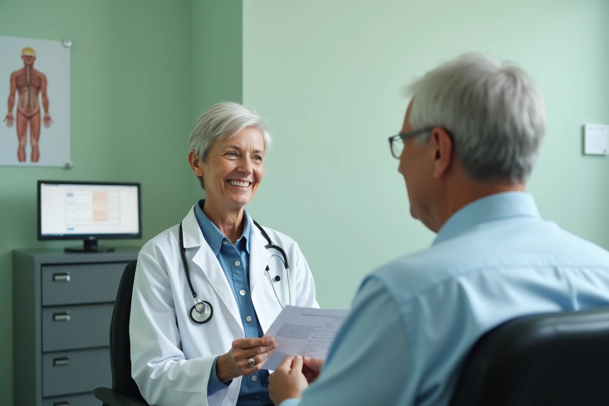 Médecin retraitée en consultation remettant une ordonnance à un patient âgé de longue date dans un cabinet médical