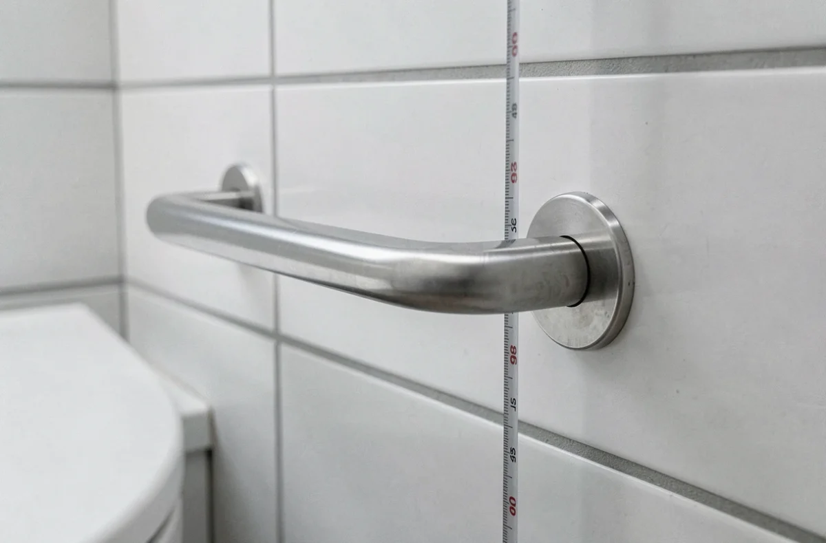 Détail de la hauteur réglementaire d'une barre d'appui WC PMR mesurée à 80 cm du sol