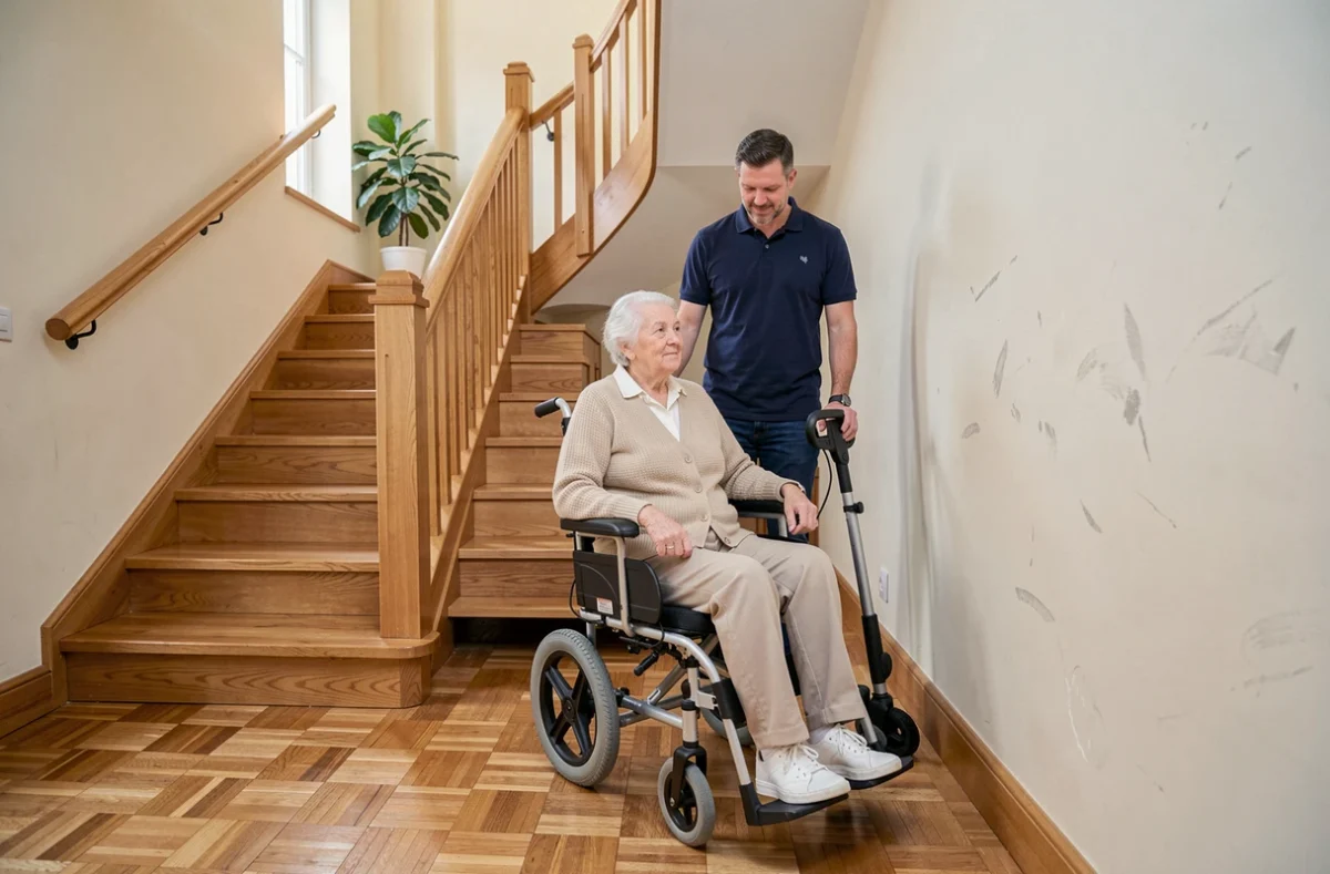 Femme âgée en fauteuil roulant au pied d'un escalier résidentiel avec un monte-escalier mobile et un aidant professionnel