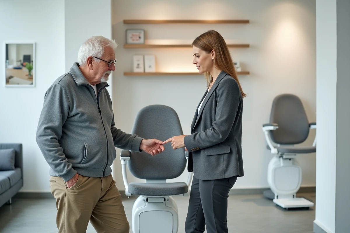 Senior examinant un monte escalier portable dans un showroom spécialisé avec une conseillère de vente