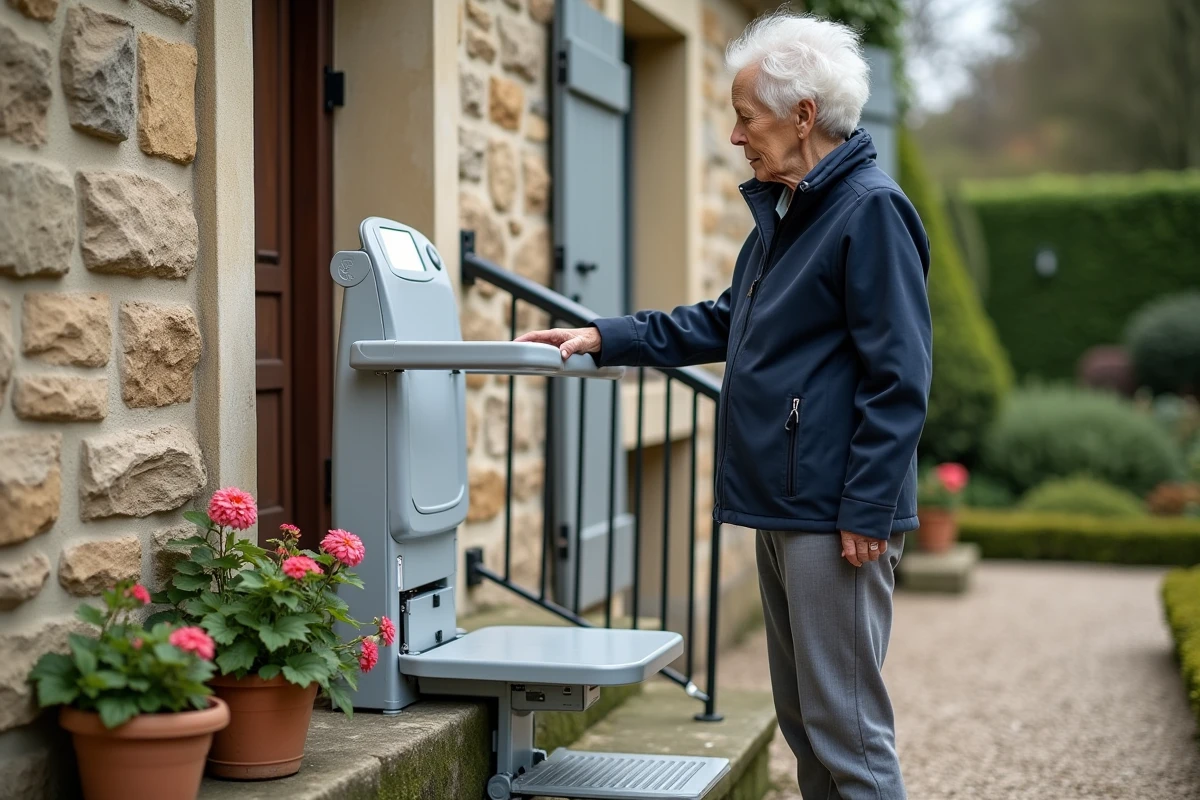 Monte escaliers portable positionné sur un escalier extérieur en pierre d'une maison traditionnelle, avec une femme âgée inspectant le panneau de commande