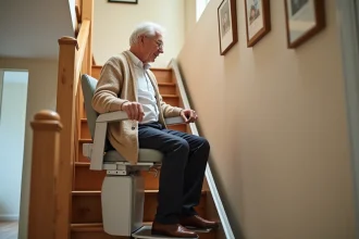 Monte escaliers portable installé sur un escalier intérieur en bois, utilisé par un homme senior assis confortablement sur l'assise rembourrée
