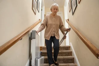 Femme âgée utilisant un monte escaliers portable sans installation dans un couloir résidentiel, illustrant les précautions d'usage