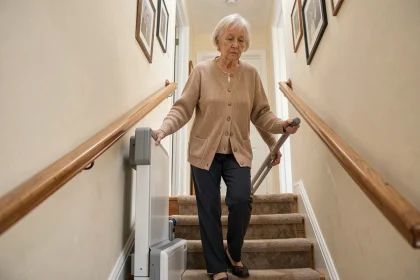 Femme âgée utilisant un monte escaliers portable sans installation dans un couloir résidentiel, illustrant les précautions d'usage
