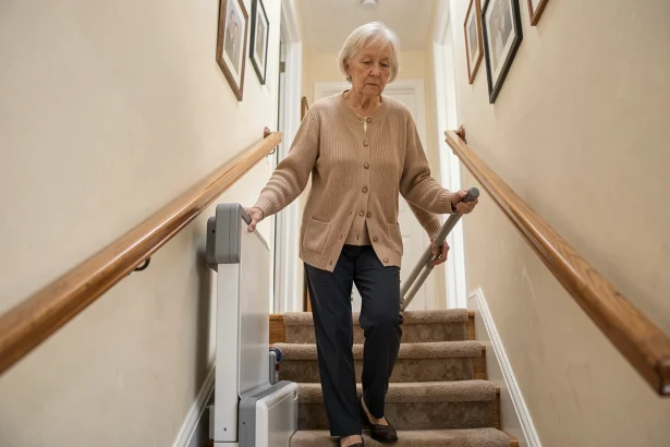 Femme âgée utilisant un monte escaliers portable sans installation dans un couloir résidentiel, illustrant les précautions d'usage
