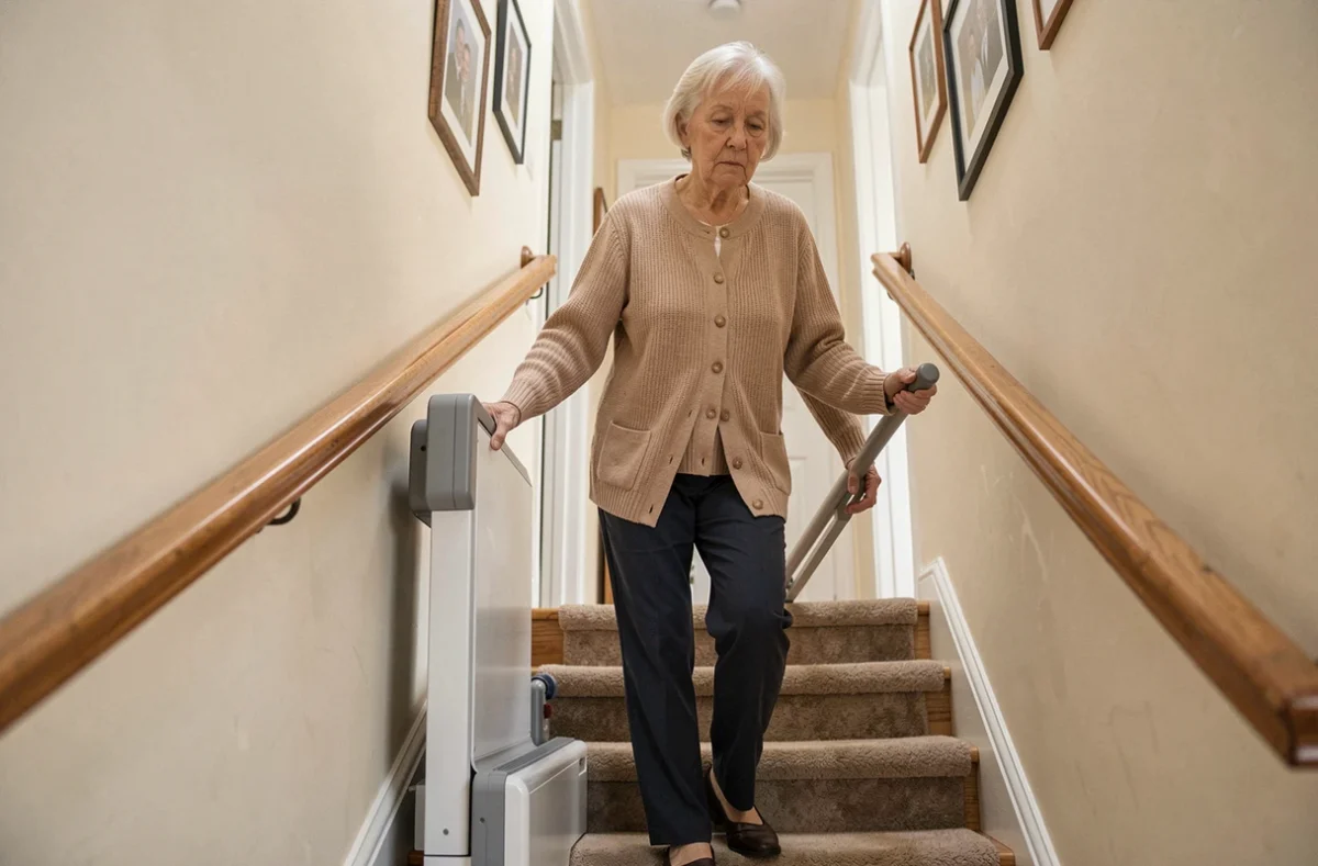 Femme âgée utilisant un monte escaliers portable sans installation dans un couloir résidentiel, illustrant les précautions d'usage
