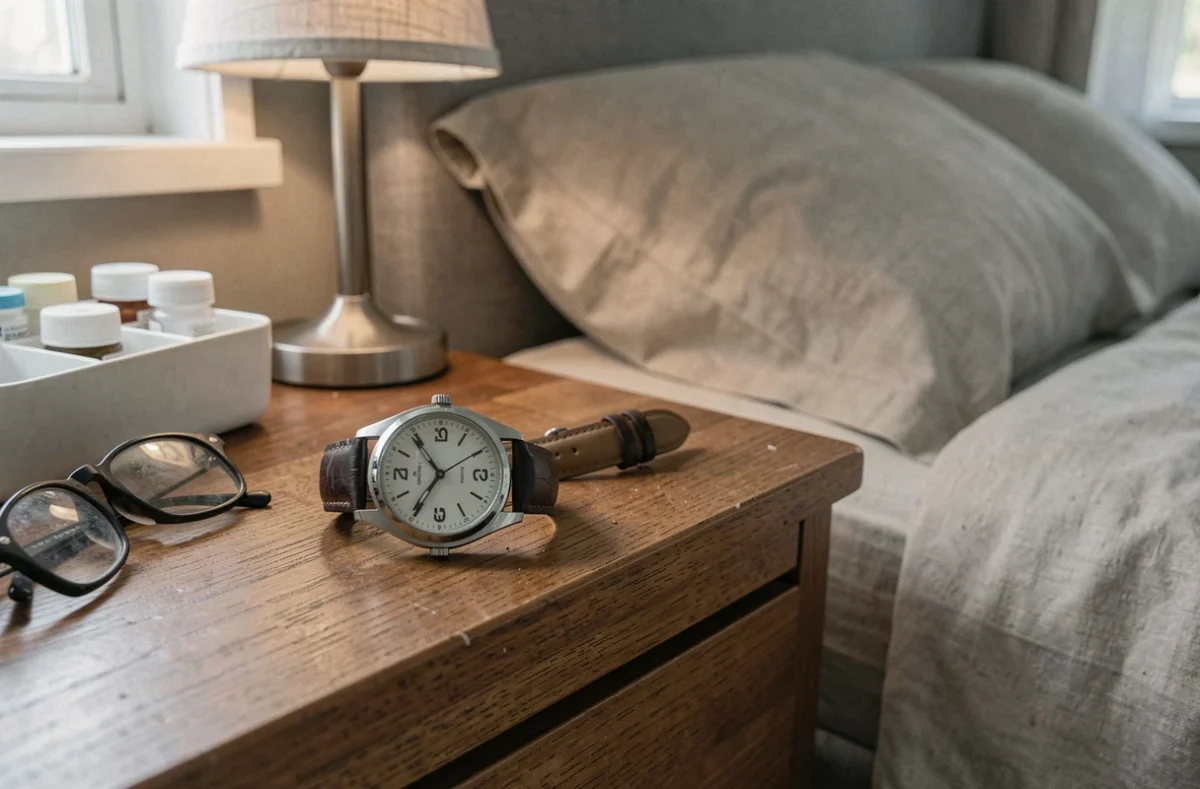 Montre pour personne âgée abandonnée sur une table de chevet à côté de lunettes et d'un pilulier, symbolisant l'abandon de l'appareil
