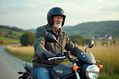 Motard senior en balade sur une route de campagne