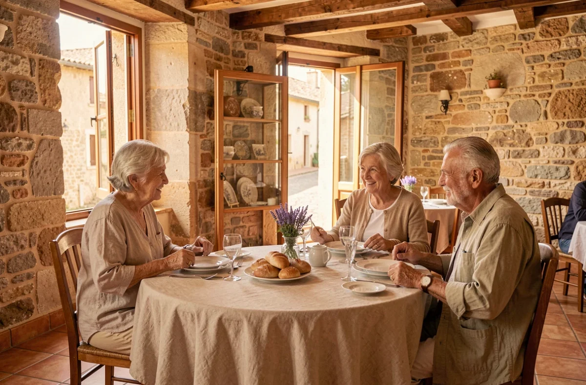 Trois résidents partageant un repas convivial dans la salle à manger style café de la résidence Nohée Aix-en-Provence Carnot