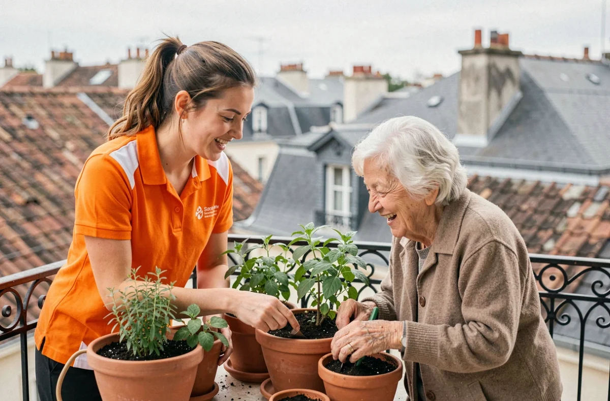 Une auxiliaire de vie O2 Saint-Quentin aide une dame âgée à s'occuper de plantes aromatiques sur un balcon d'appartement