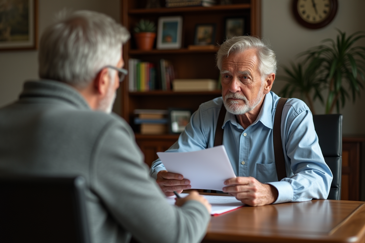 Père senior et fils discutant de documents financiers