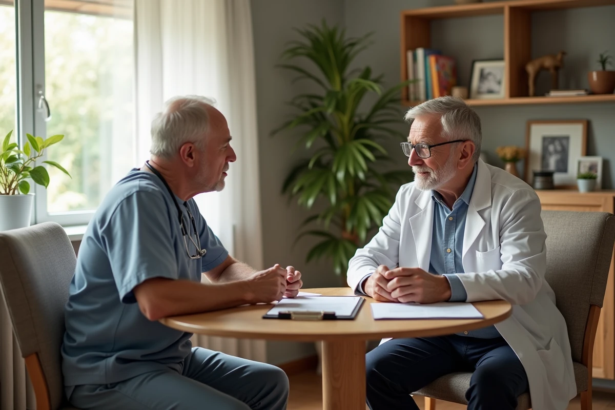 Patient senior en discussion avec un professionnel de santé