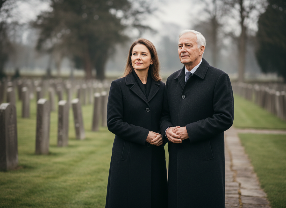 Père et fille respectueux dans un cimetière calme
