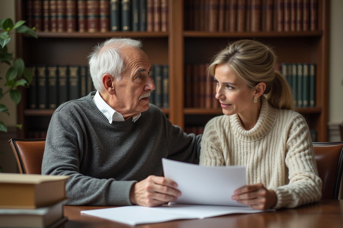 Pere et fille discutant de documents dans un bureau