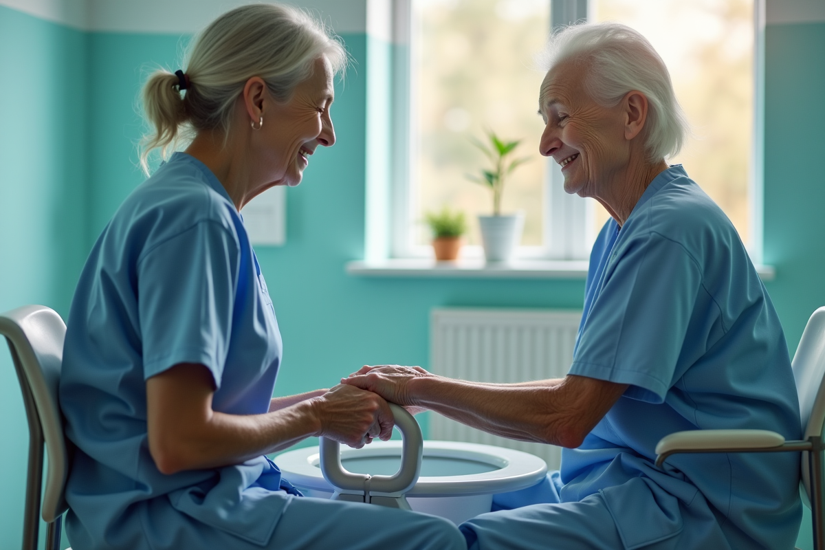 Personne agee souriante utilisant un rehausseur de toilette avec aide