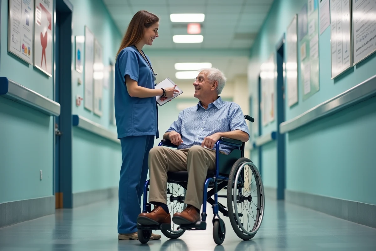 Homme âgé en fauteuil roulant avec une assistante dans un couloir médical