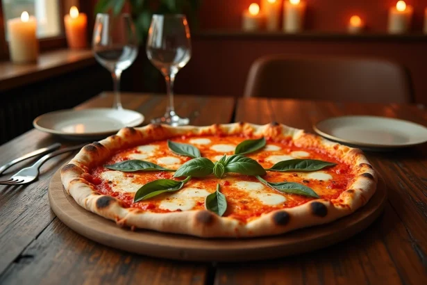 Grande pizza pour deux personnes posée sur une table en bois rustique dans un restaurant italien, avec deux assiettes et couverts disposés autour