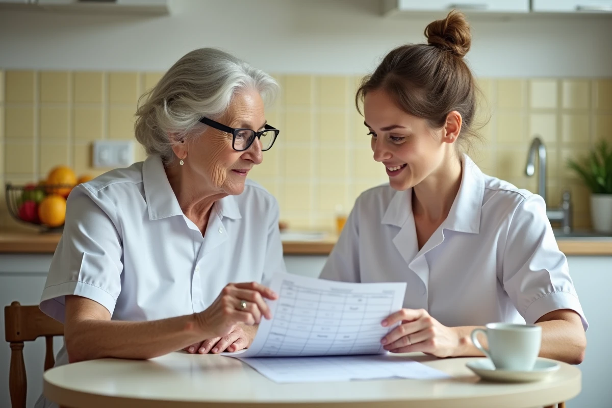 Auxiliaire de vie et personne âgée planifiant ensemble le planning de soins à domicile, accompagnement adapté senior Lille