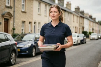 Aide à domicile portant un repas chaud dans une rue résidentielle française