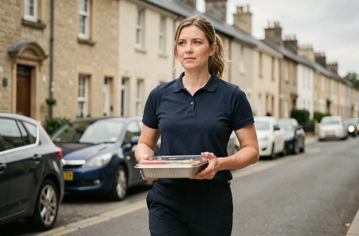 Aide à domicile portant un repas chaud dans une rue résidentielle française