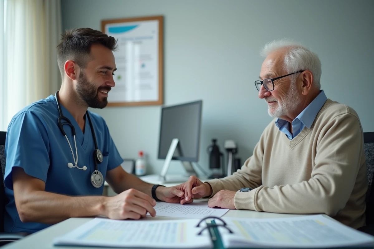 Un professionnel de santé évalue le niveau de dépendance GIR d'un senior lors d'un entretien administratif