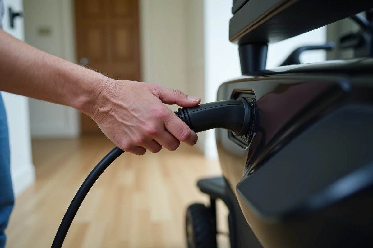 Mains d'une personne âgée branchant le câble de recharge d'un scooter électrique PMR
