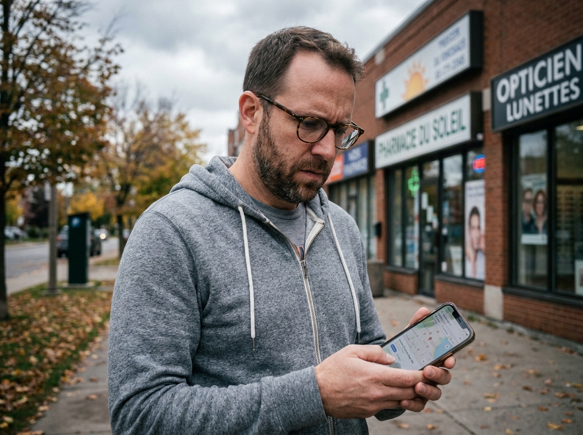 Homme cherchant un centre auditif proche sur son smartphone dans une rue commerçante française