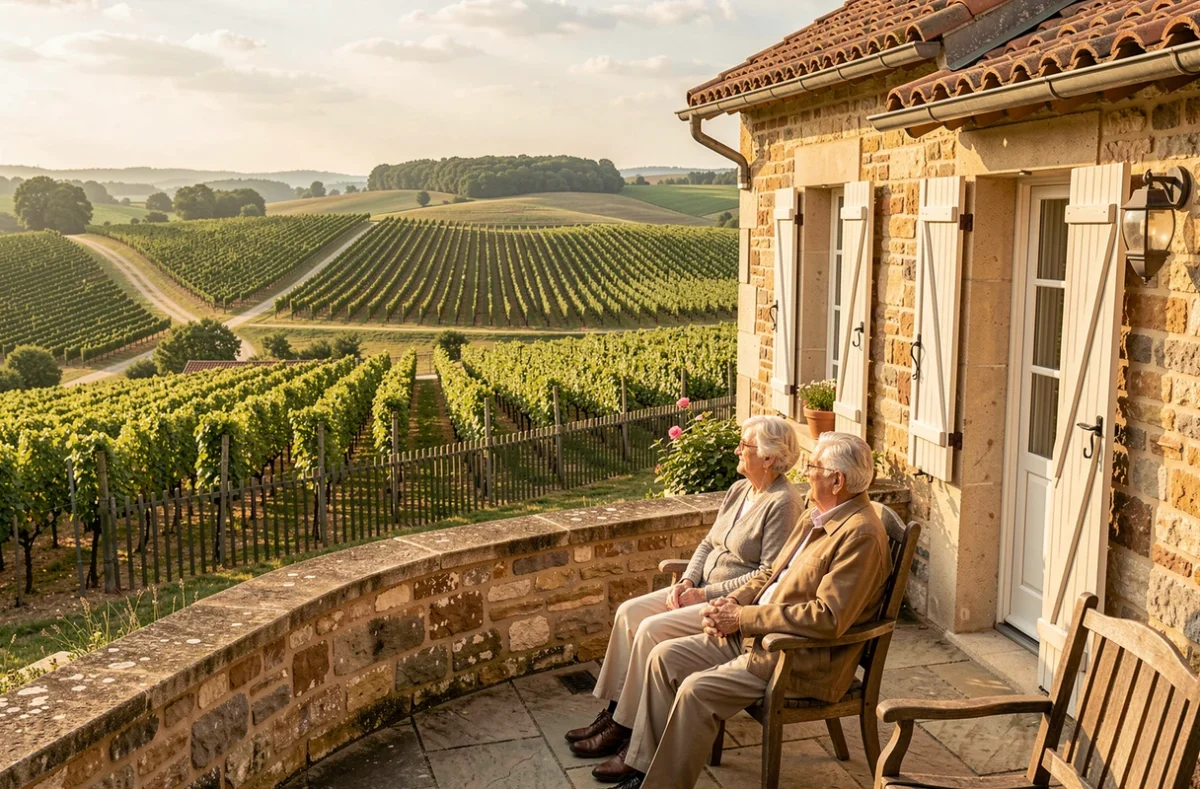 Résidence les Sources du Terron à Santenay avec couple de résidents et vignobles bourguignons en fond
