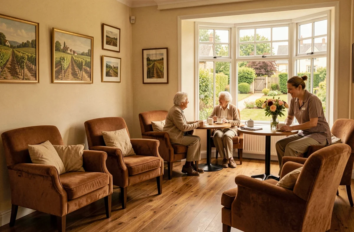 Salon chaleureux de la Résidence les Verdaines à Santenay avec résidentes et décor bourguignon
