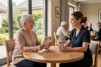 Une résidente senior examine les tarifs et services d'une résidence senior moderne avec une conseillère en uniforme dans un cadre chaleureux