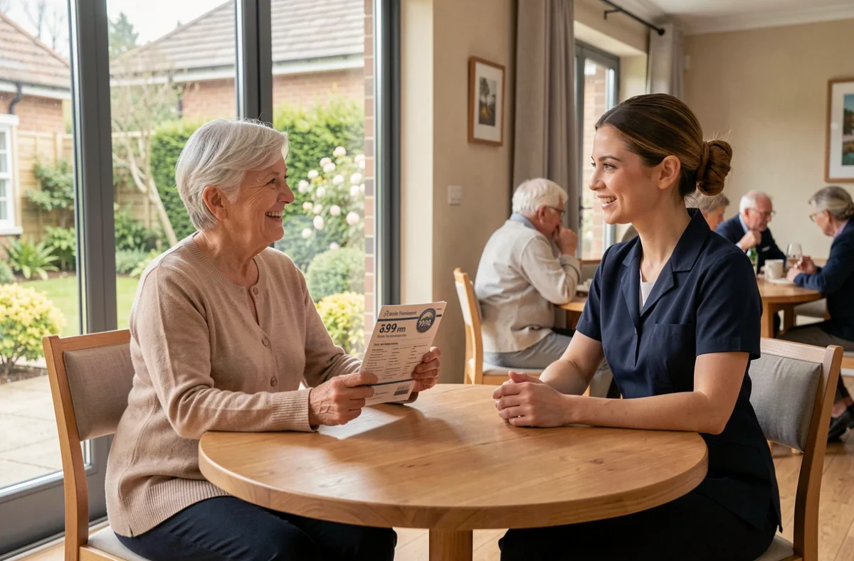 Une résidente senior examine les tarifs et services d'une résidence senior moderne avec une conseillère en uniforme dans un cadre chaleureux
