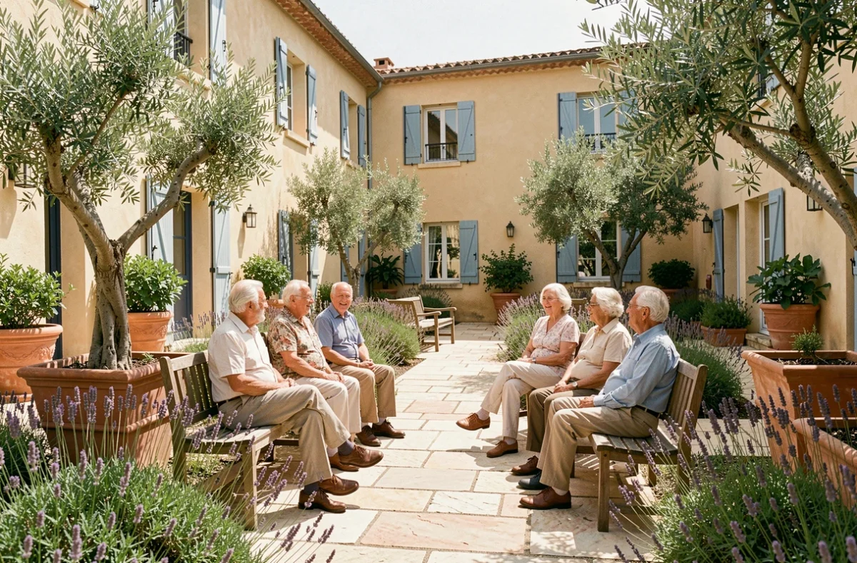 Vue d'ensemble d'une résidence seniors en Provence avec des résidents profitant d'une cour intérieure ensoleillée entourée de lavande et d'oliviers