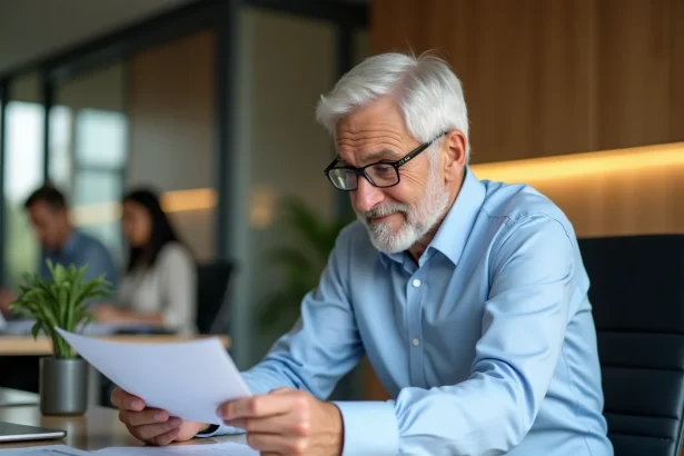 Retraité actif travaillant dans un bureau moderne trois jours par semaine, consultant des documents professionnels avec sérénité