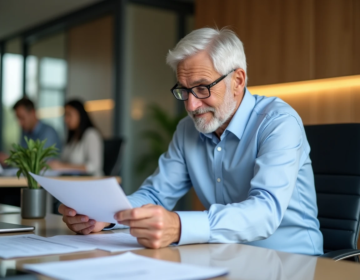 Retraité actif travaillant dans un bureau moderne trois jours par semaine, consultant des documents professionnels avec sérénité