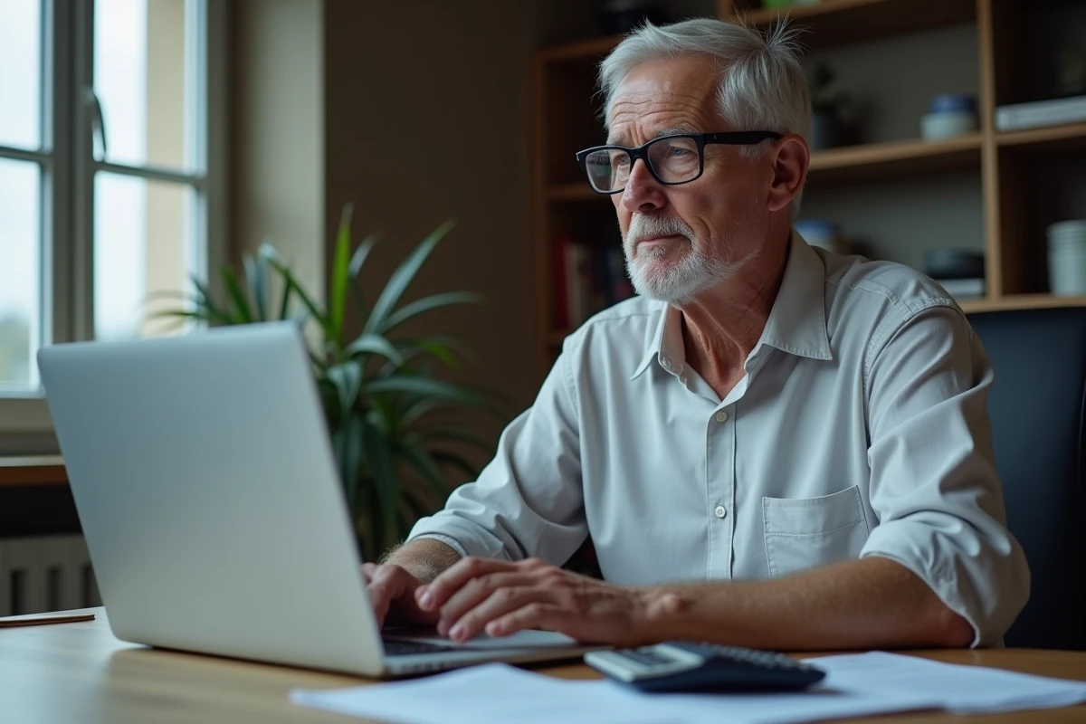 Retraité consultant son relevé Agirc-Arrco sur ordinateur et calculant l'impact de l'inflation sur sa retraite