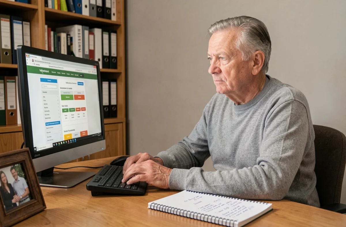 Un homme retraité consulte un calculateur fiscal en ligne pour anticiper ses impôts et coûts de dépendance