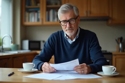 Retraité homme consultant des documents de calcul pension Agirc Arrco à la table de cuisine