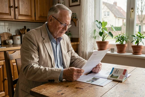Ancien cheminot retraité SNCF consultant ses documents d'avantages à domicile