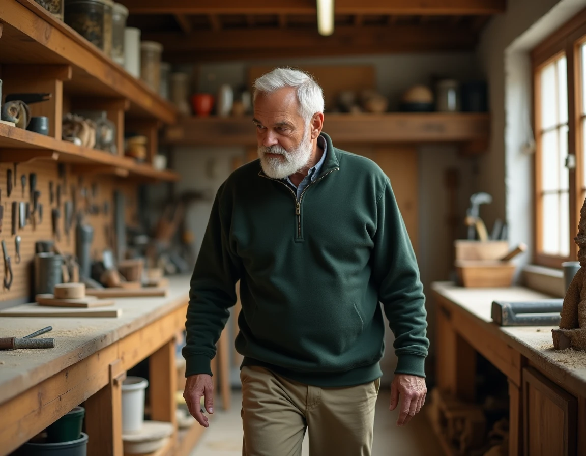 Retraité actif dans un atelier artisanal, reprenant une activité professionnelle à temps partiel avec passion et expérience