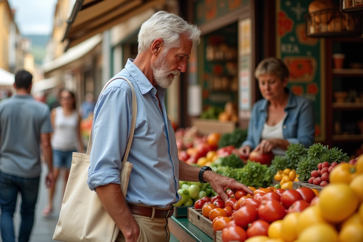 Retraité expatrié faisant ses courses au marché local à l'étranger, illustrant la vie quotidienne à l'international
