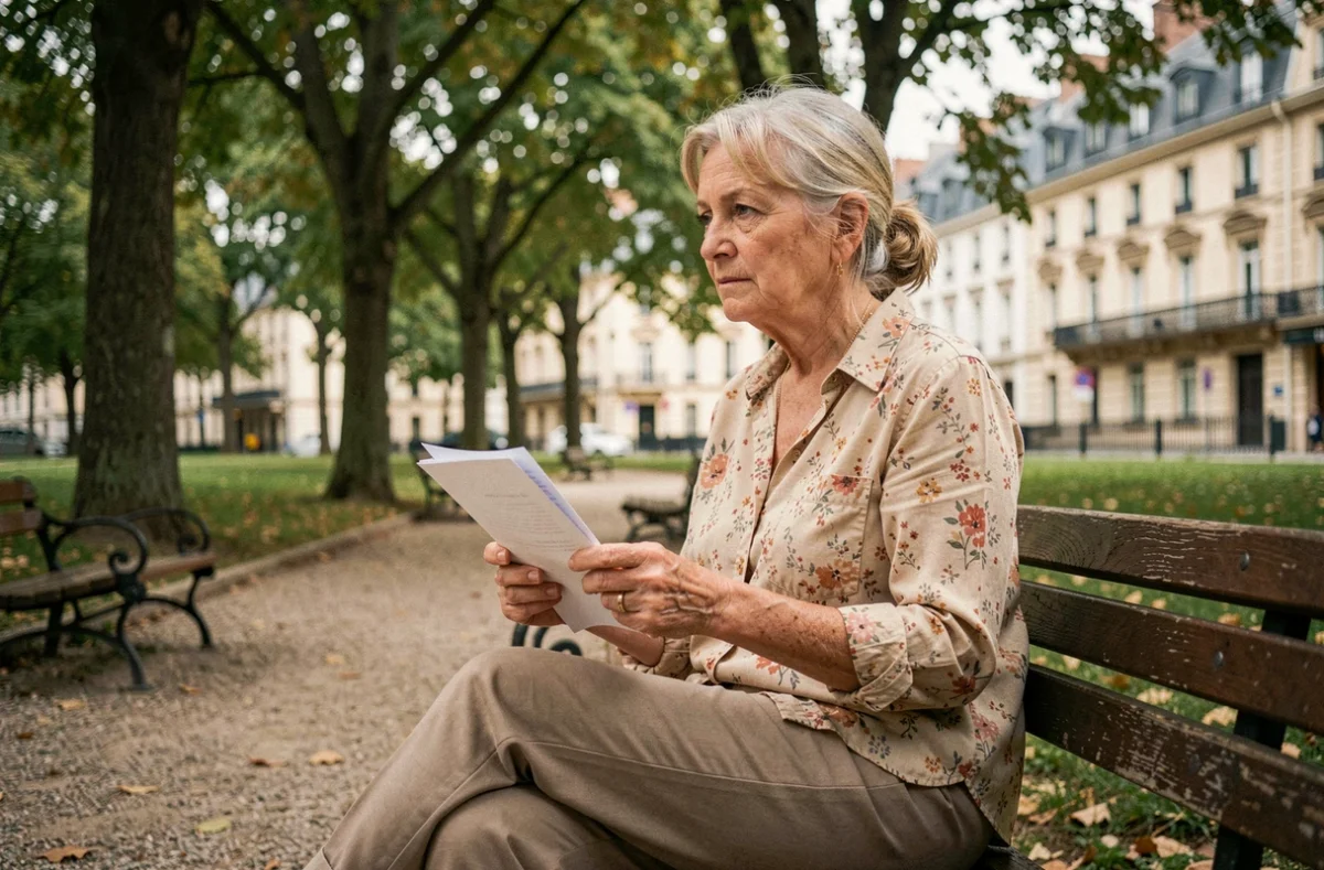 Retraitée ancienne aide-soignante lisant son avis de retraite sur un banc de parc en ville