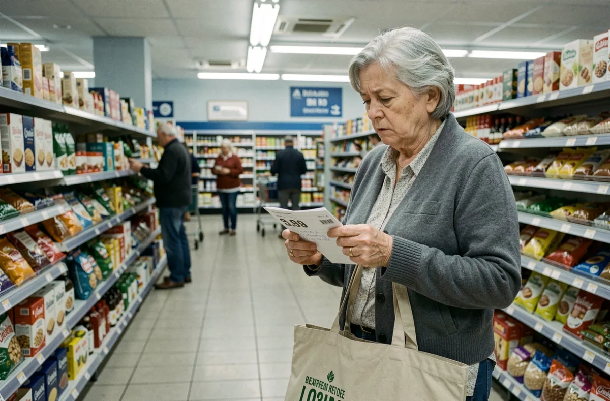 Femme retraitée comparant les prix dans un supermarché face à la hausse du coût de la vie