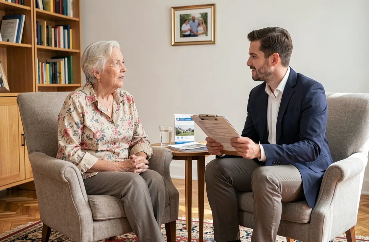 Une retraite âgée en consultation avec un conseiller financier pour préparer ses dépenses de dépendance