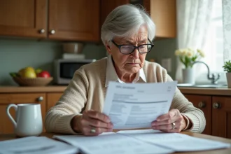 Femme retraitée examinant ses documents de pension et factures à la cuisine, inquiète face à la hausse des prix