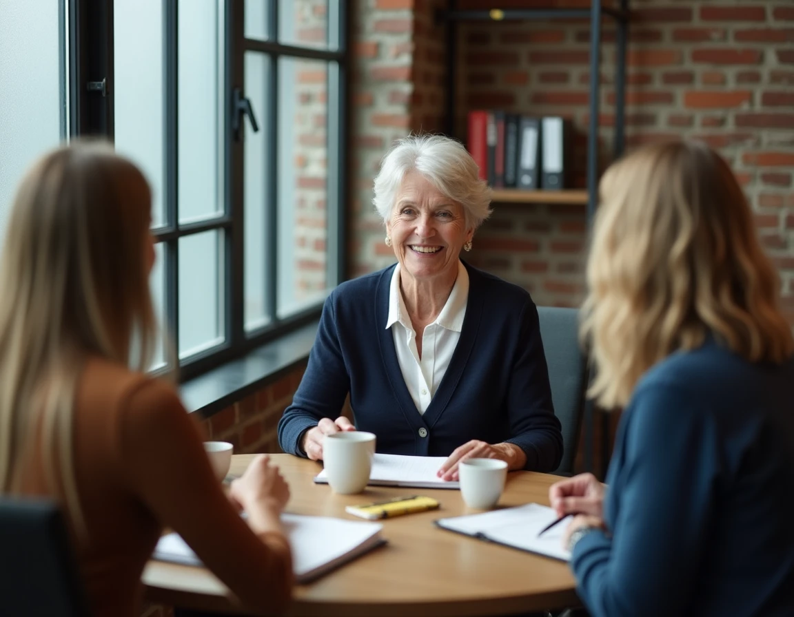 Femme retraitée partageant son expertise avec une collègue plus jeune lors d'une réunion professionnelle conviviale