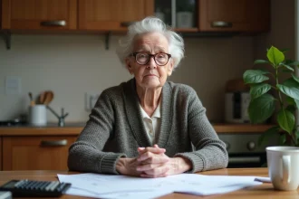 Femme retraitée concentrée sur ses papiers à la maison