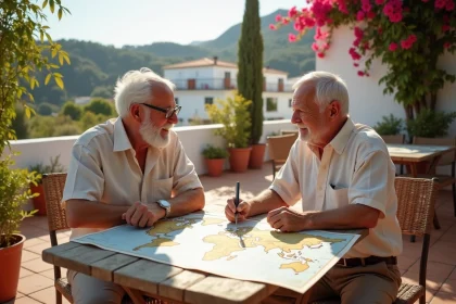 Couple de retraités expatriés examinant des documents et une carte du monde sur une terrasse méditerranéenne ensoleillée